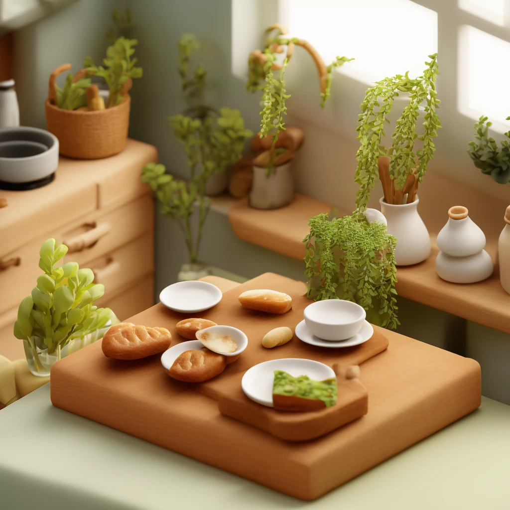 dengzhou,kitchen,nobody,bread,food,two pots of greenery,basket,table,book,plate,still life,window,bottle,Octane Renderer,c4d,<lora:çè½´3d-000024:1>,