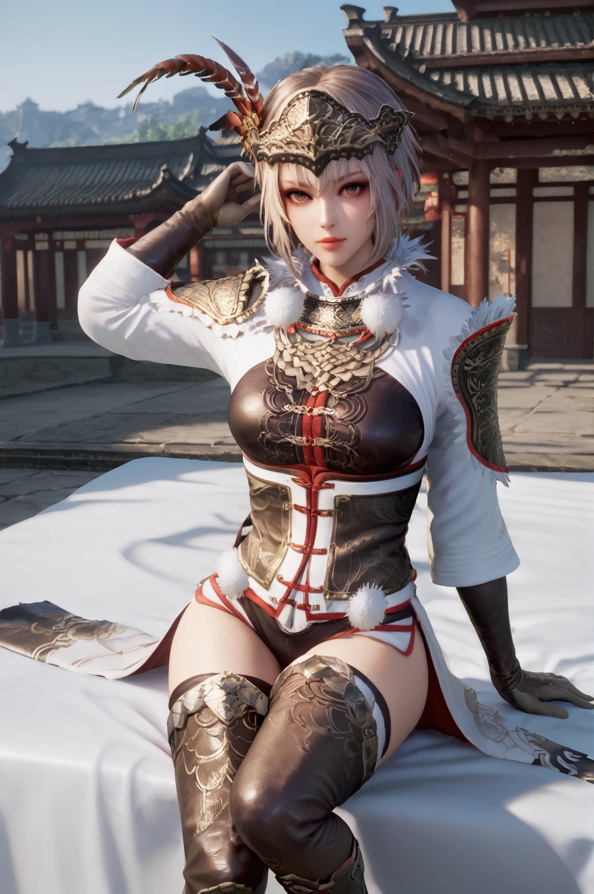 score_9, score_8_up, score_7_up, A woman sitting on a bed with one leg bent, the other stretched out, leaning on one arm., <lora:Lu_Lingqi_Dynasty_Warriors:1>1 girl, solo, short hair, armor, gloves, helmet, feathers, fur trim, thighhighs, looking at viewer, east asian architecture