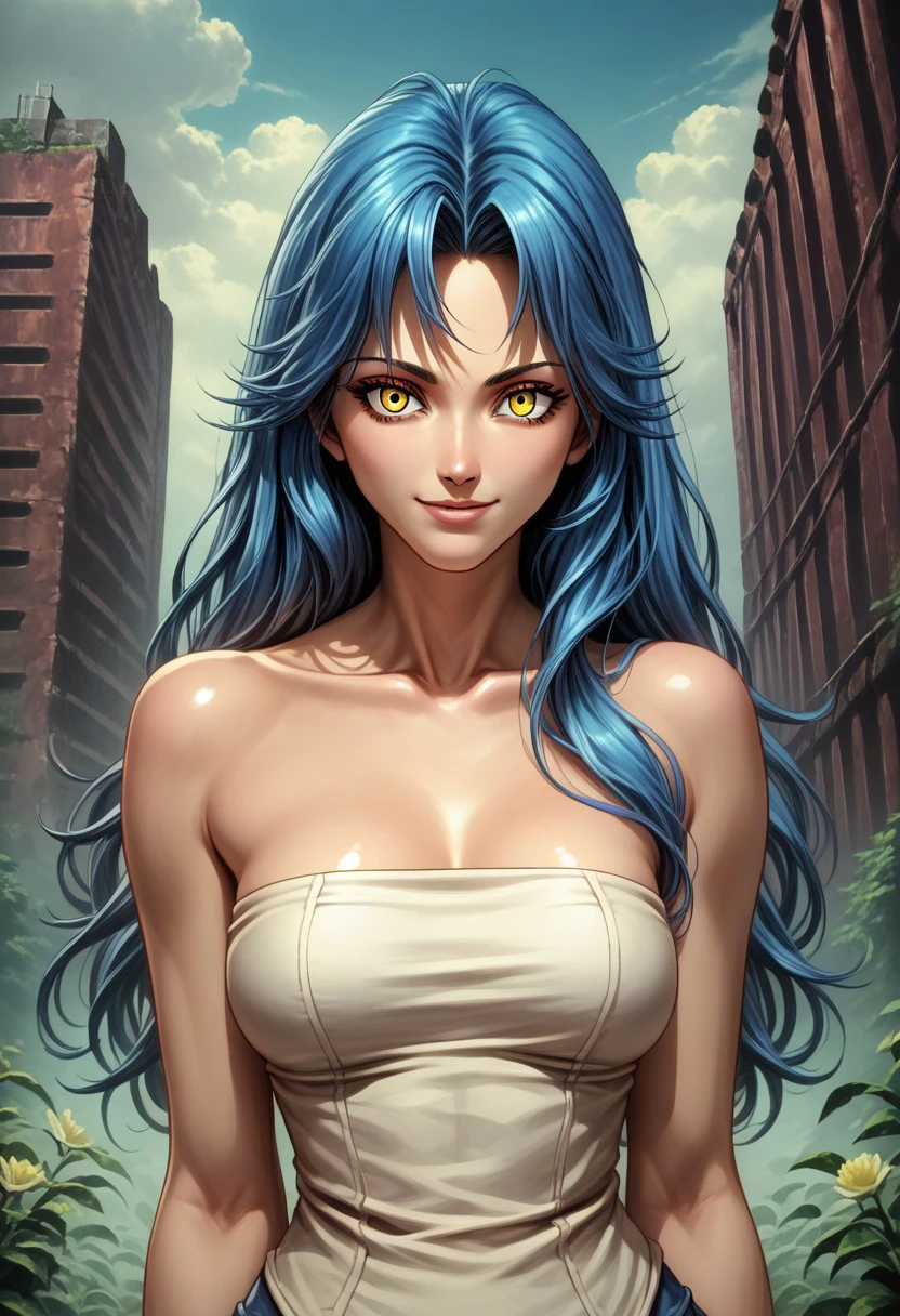 Rusty Nail MV, masterpiece, best quality, shiny skin, detailed eyes, detailed hair, detailed face,1girl, solo,  long hair, bare shoulders, blue hair, yellow eyes, , outdoors, breasts, collarbone, strapless, smile ,  1990s (style), source_anime, 2d, flat color, anime coloring BREAK ,score_9, score_8_up, score_7_up, score_6_up, score_5_up, score_4_up,