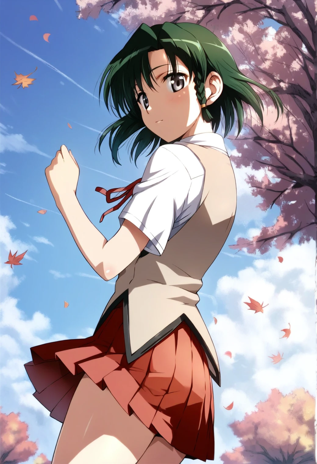 <lora:ichijou_karen_ponyxl_v3:0.8>, ichijou karen, solo, green hair, side braid, eye focus, grey eyes, brown eyes, looking at viewer,
school uniform, brown vest, white shirt, collared shirt, short sleeves, red ribbon, neck ribbon, red skirt, pleated skirt,
outdoors, tree, falling leaves, blue sky, cloudy sky,
score_9, score_8_up, score_7_up, score_6_up, anime coloring, (hara \(harayutaka\):0.5), (m-da s-tarou, asou \(asabu202\):0.5), high quality, detailed, beautiful, shiny, outstanding, countershading, detailed soft lighting