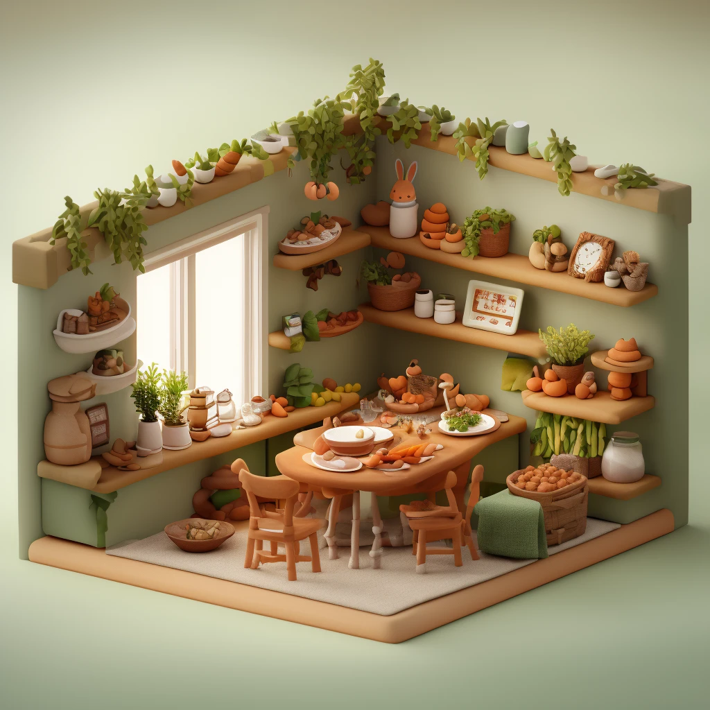 dengzhou,window,no humans,plant,bread,food,potted plant,basket,table,book,plate,scenery,bottle,mushroom,chair,indoors,frying pan,rabbit,cup,spatula,shelf,jar,clock,carrot,sink,door,Octane Renderer,c4d,<lora:çè½´3d-000024:1>,