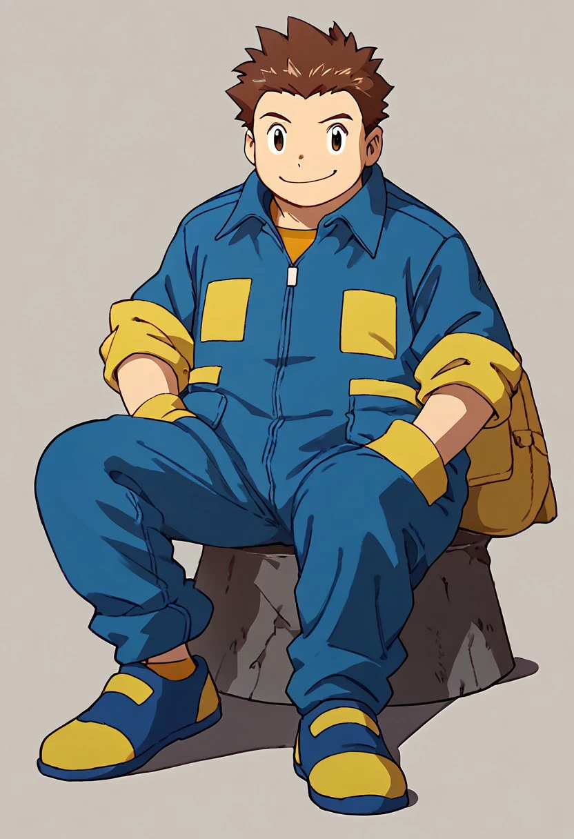 score_9, score_8_up, score_7_up BREAK JPDFr, 1boy, brown hair, brown eyes, blue jumpsuit with yellow accents, yellow cuffs, yellow pockets, socks, blue yellow shoes, smiling at viewer,