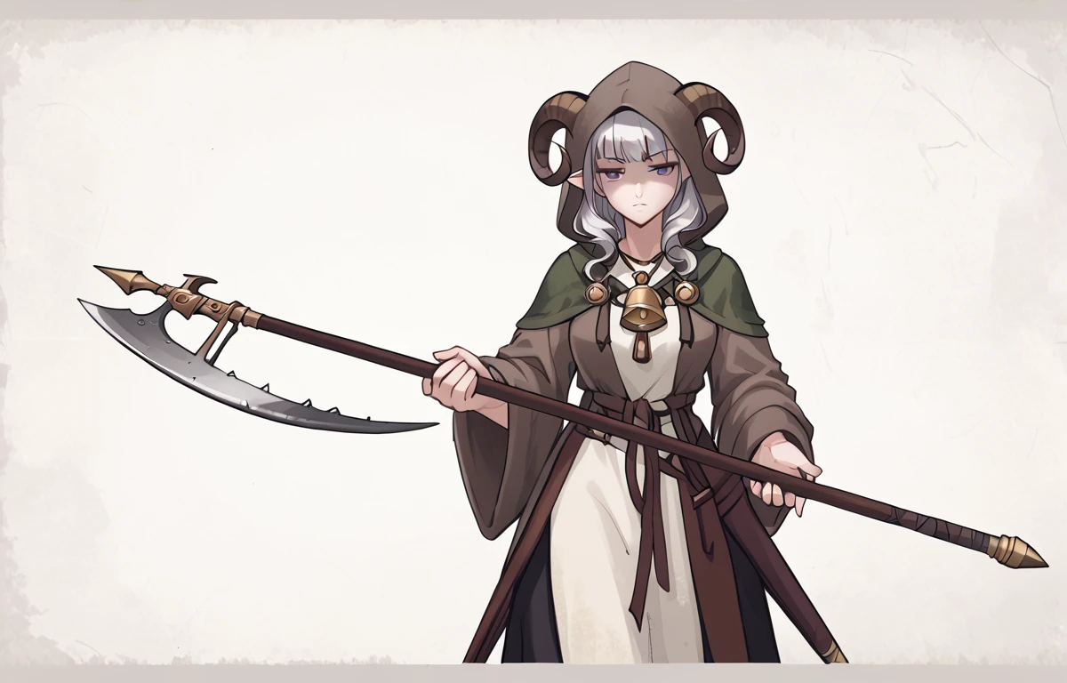 source_furry, score_7_up, rating_safe, cowboy shot, gold necklace, tiefing, short pointed ears,brown horns, (a pair of brown sheep Horns that begin at her temples and curve back: 1.5), bangs,long silver hair long wavy hair, pale skin,<lora:whisker_markings:0.8> whisker_markings:1.4 , pointy ears, purple eyes:1.2, <lora:age_slider_v4:0.6>   medium breasts, skinny female, close up, silver hair, <lora:Tieflingnew weird fantasyDND:0.3> Tiefling, pointed ears, horns,   half-closed eyes:1.5,<lora:Smooth Style 2 SDXL_LoRA_Pony Diffusion V6 XL:0.5>  shepherd's crook, bell, robe, hood off, <lora:Nanoless_Artist_Style_PonyXL:0.3>  shaded face:1.2,  <lora:bardiche_weapon:0.8>  bardiche_(weapon),holding_weapon:1.2,holding bardiche_(weapon) <lora:kite_shield:0.8> kite_shield, holding kite_shield