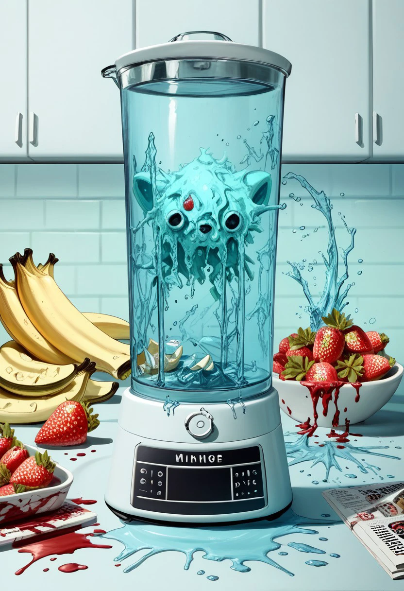 Liquified Carbuncle, pokémon creature stuck in food processor,  strawberry,  banana,  peaches,  water splashes,  liquid splatter,  ink splotches,  ultra sharp,  masterpiece,  official art,  horror scene,  specular highlights,  kitchen scene,  graphic advertisement in a magazine,  bloody mess,  extreme light and shadow,  detailed eyes,  furry,  anthro BREAK ,score_9, score_8_up, score_7_up, score_6_up, score_5_up, score_4_up,