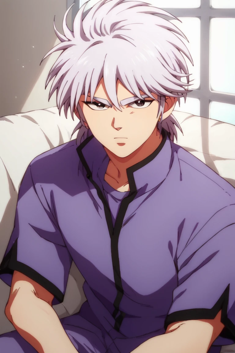 score_9,score_8_up,score_7_up,source_anime,1boy,solo,looking at viewer,Hyunckel,lavender hair, black eyes,purple shirt, sitting<lora:EMS-416500-EMS:1.000000>