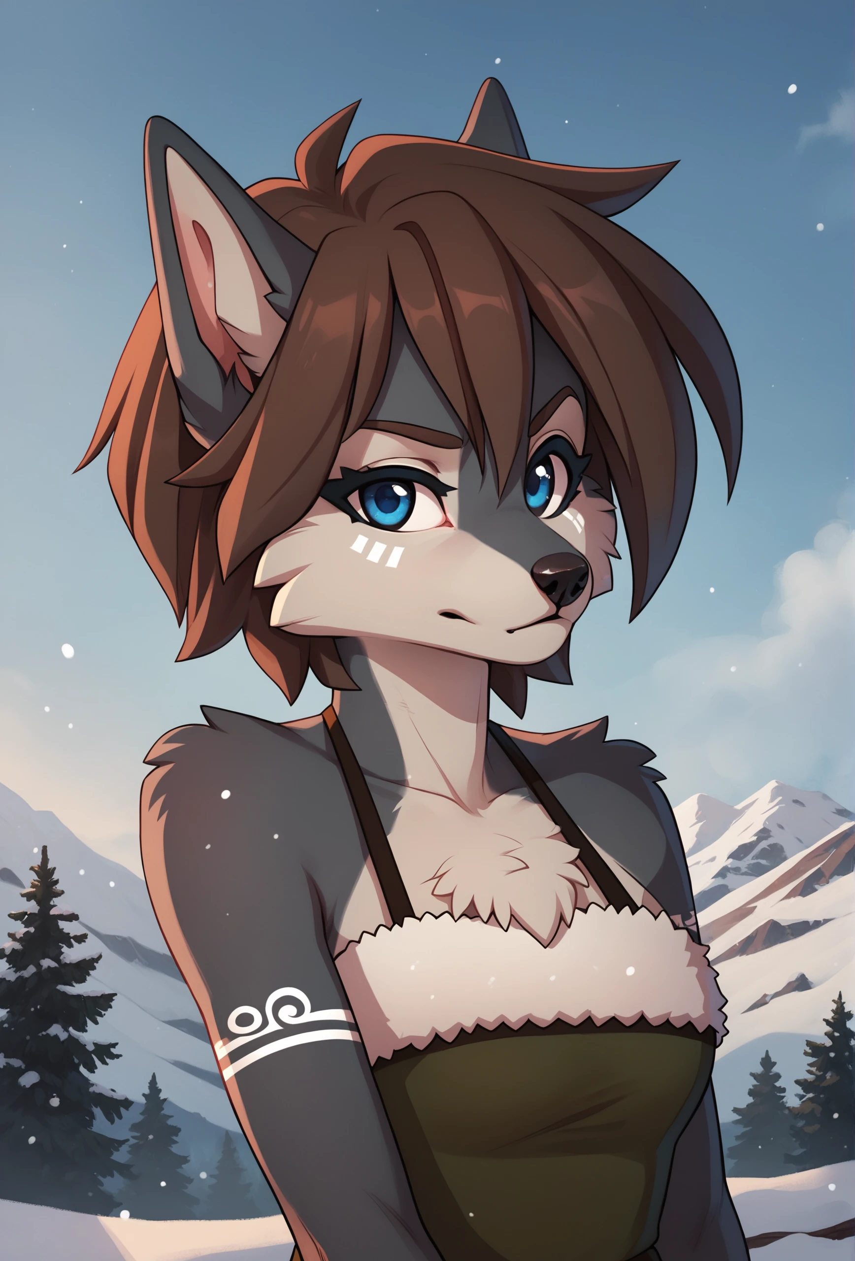 score_9, score_8_up, score_7_up, score_6_up, score_5_up, score_4_up, snow, outdoors, mountainous horizon, blue sky, cloud
 <lora:tala_fluffkevlar_ponyXL_v1.1:0.33> tala, furry, 1girl, solo, medium hair, blue eyes, green dress, off-shoulder dress, sleeveless, fur-trimmed dress, arm tattoo, facial tattoo, portrait, looking at viewer,