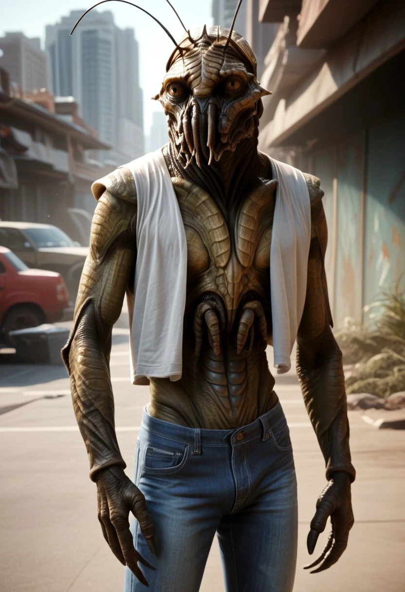 (((beautiful, high quality, realistic))), full body, score_9, score_8_up, score_7_up, 1boy, solo, alien, no humans, monster, science fiction, antennae, tshirt, jeans, muscular, (big city background:1.4)