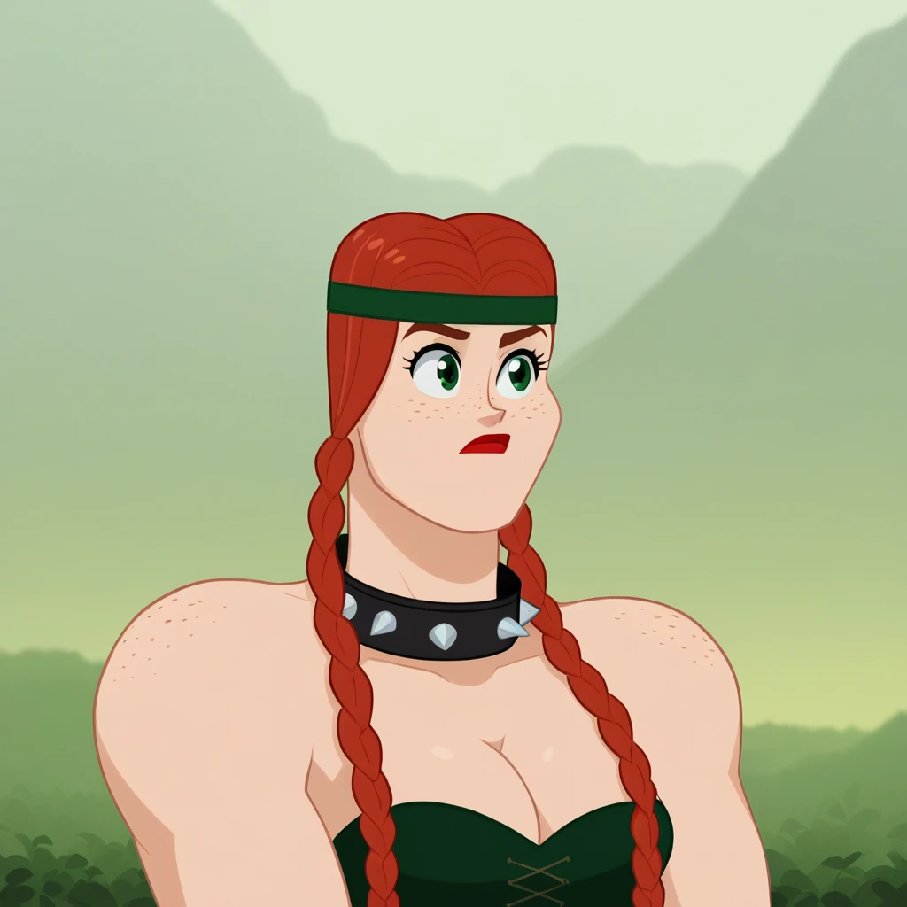 score_7_up, BREAK, FloraScotsman, 1girl, solo, red hair, twin braids, green eyes, freckles, lipstick, headband, spiked collar, cleavage, portrait, <lora:Flora_SamuraiJack_PXL_Leaf1:1>, outdoors,