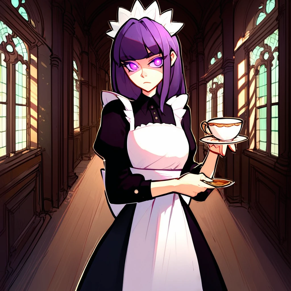 <lora:last:1>,1girl,solo,looking at viewer,expressionless,purple eyes,glowing eyes, maid apron, maid headdress, holding cup, teacup, indoors, hallway,, score_9, score_8_up, score_7_up, perfect anatomy, source_anime, zPDXL2,