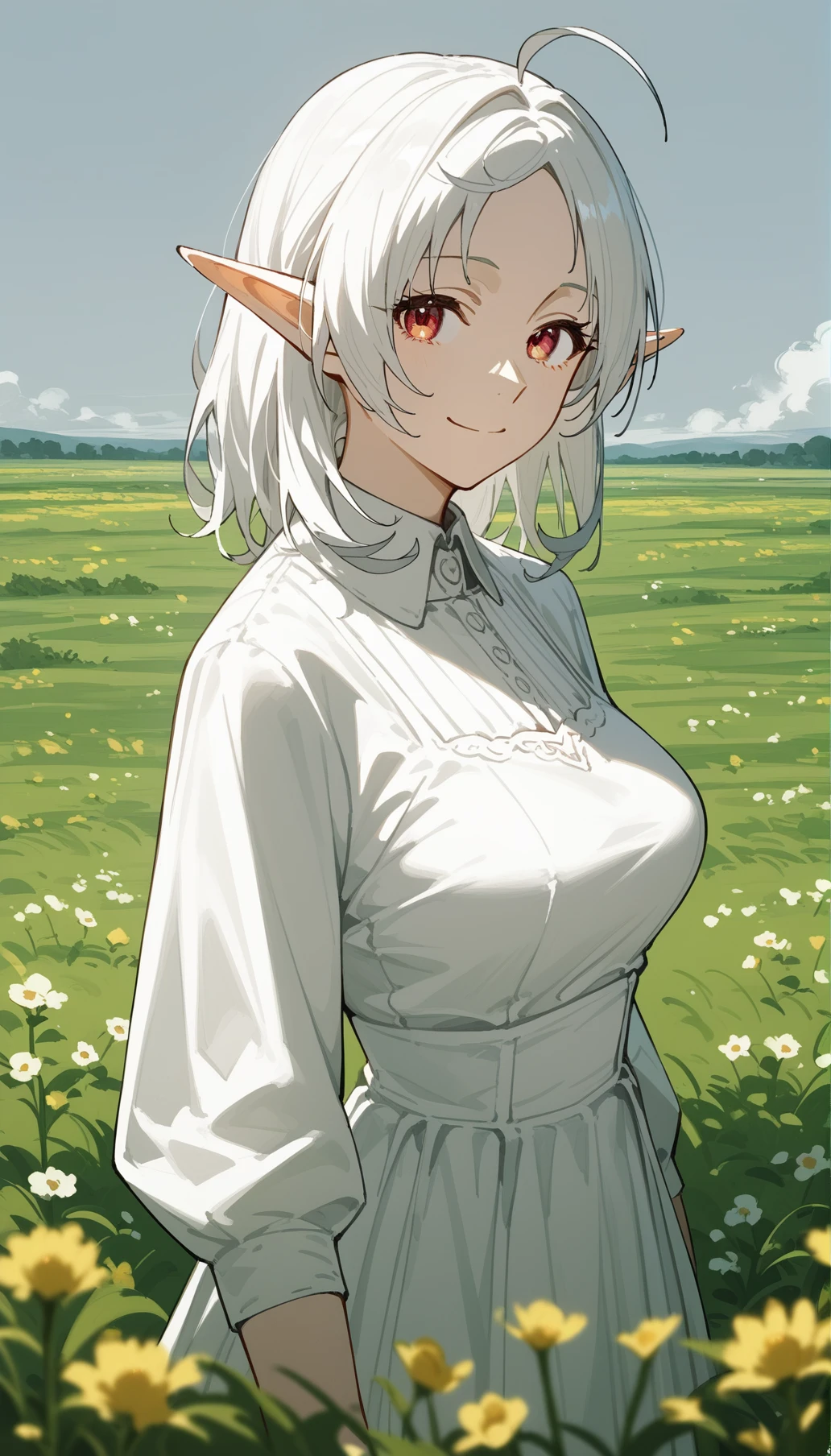 (score_9,score_8_up,score_7_up,score_6_up,score_5_up,score_4_up), style_2, cowboy shot, from side, looking at viewer, 1girl, mature female, sylphy, white hair, medium hair, ahoge, parted bangs, red eyes, pointy ears, elf, medium breasts, smile, closed mouth, (white dress), outdoors, flower field, atmospheric perspective, standing, <lora:MylphietteMT-07:0.7>