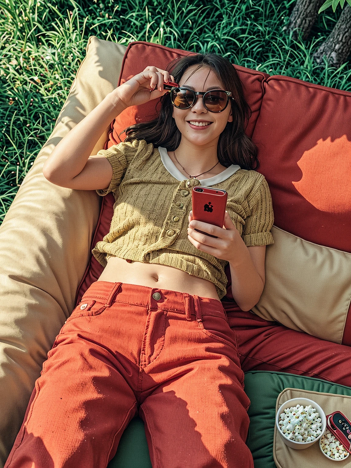 high angle shot of a young woman lying on a sofa, from above, full body, watching its iphone, relaxed pose, smile, red sunglasses, red pants, sneasel, 
scattered items, burger, popcorn, coca-cola, gamepad, handbag, long soft grasses, gentle breeze blew, 
outdoors, forest, rich texture detail, sunny day, moody lighting, <lora:Lying_v7.0:0.9>,