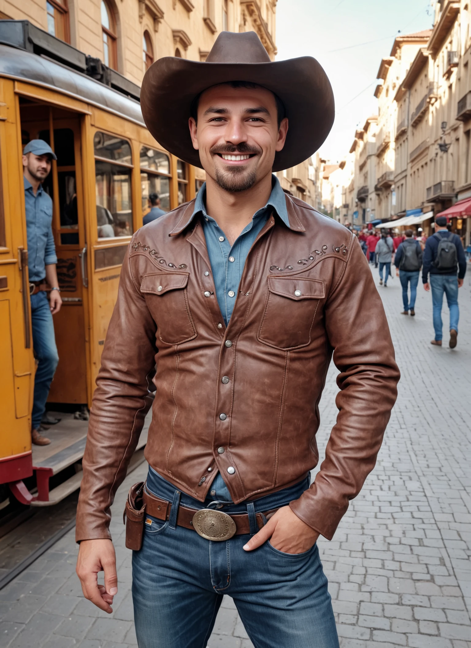 photorealistic 8k raw photo of a man, zdnlz, Western Cowboy Attire, smile, dynamic pose, perfect sharp eyes, highly detailed skin texture, Historic Trams in European Cities, <lora:DoNLoRa XL - 03:1>