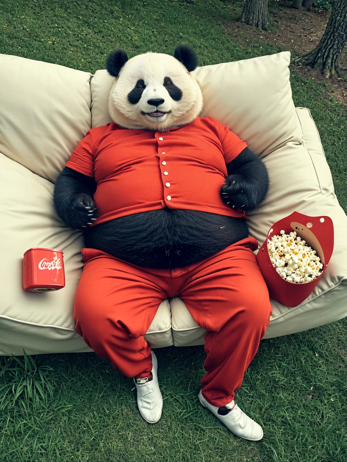 high angle shot of a fat panda lying on a sofa, from above, full body, relaxed pose, smile, red sunglasses, red pants, sneasel, 
scattered items, iphone, burger, popcorn, coca-cola, gamepad, handbag, long soft grasses, gentle breeze blew, 
outdoors, forest, rich texture detail, sunny day, moody lighting, <lora:Lying_v7.0:0.9>,