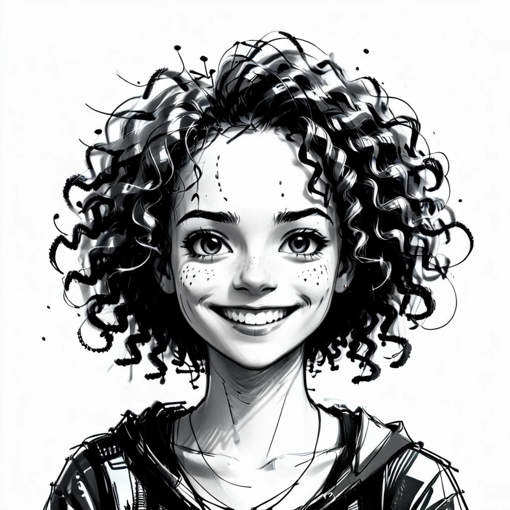 monochrome scribble, croquis, xslx, female face with curly hair and freckles smiling to the viewer