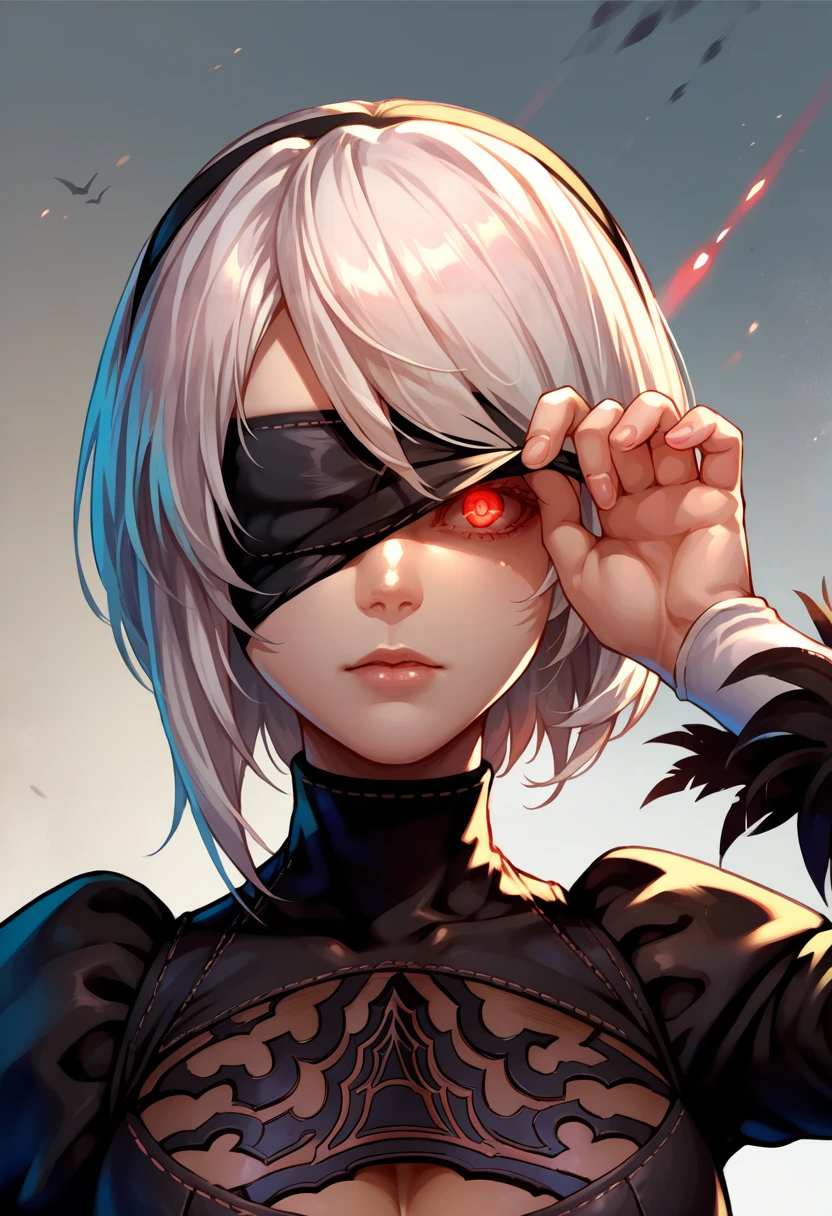 score_9, score_8_up, score_7_up, source_anime, 1girl, blindfold lift, blindfold, hand up, <lora:BlindfoldLift_XLPD:1>, covering one eye, glowing eye, 2b \(nier:automata\), red eyes, upper body,