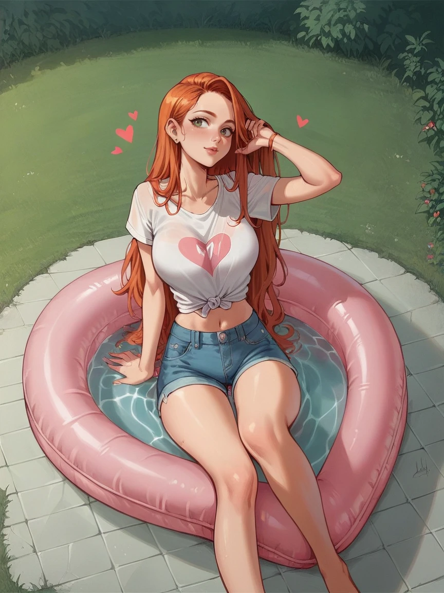 source_anime, score_9, score_8_up, score_7_up, score_6_up, score_5_up,  <lora:h34rtp00lXLP2:0.73> h34rtp00l, large pool, 1girl, translucent, heart-shaped,<lora:k4n3k0y4XLP:0.8> k4n3k0y4, curvy, long hair, ginger hair, t-shirt, denim shorts,