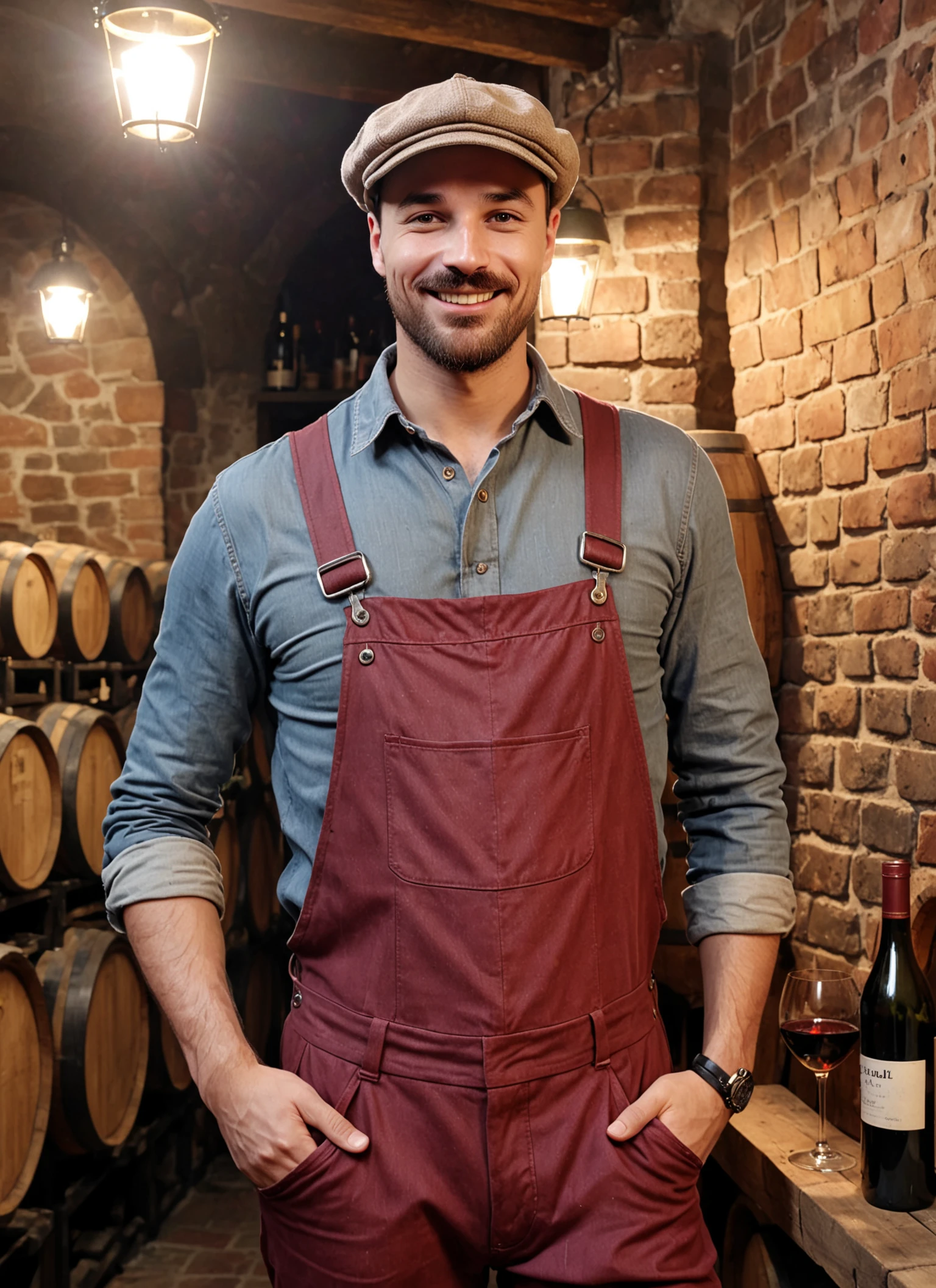 photorealistic 8k raw photo of a man, zdnlz, Vintage Newsboy Cap and Overalls, smile, dynamic pose, perfect sharp eyes, highly detailed skin texture, Candle-lit Wine Tasting Cellars, <lora:DoNLoRa XL - 03:1>