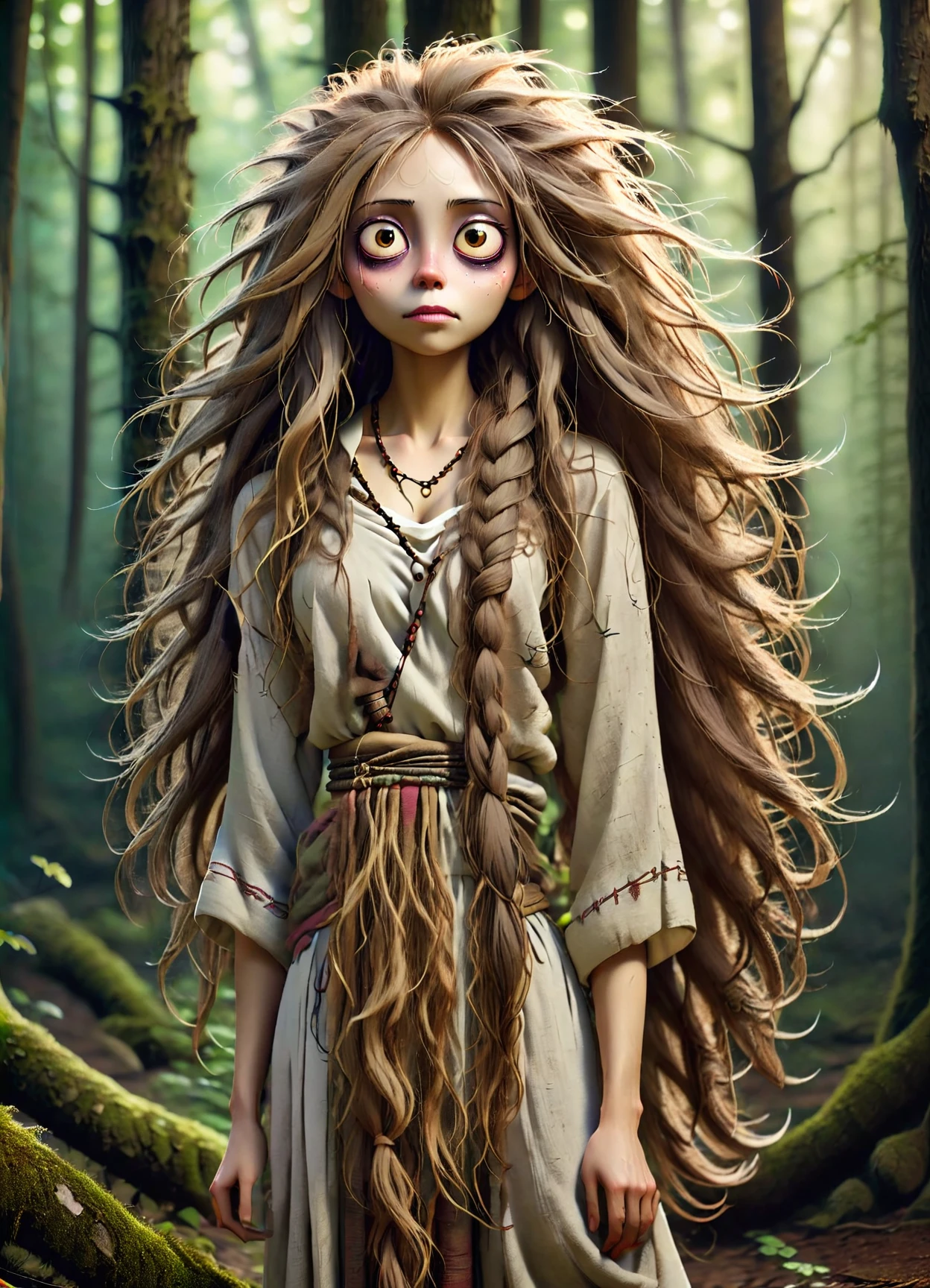 DonM1ns0mn14XL,diw, female humanoid creature, hidden tail, beautiful, alluring, long flowing hair covering part of the face, traditional attire, rustic clothing, back is hollow, forest natural surroundings, seductive, mysterious forest spirit, benevolent, extreme,magical circle , <lora:DonM1ns0mn14XL:1>