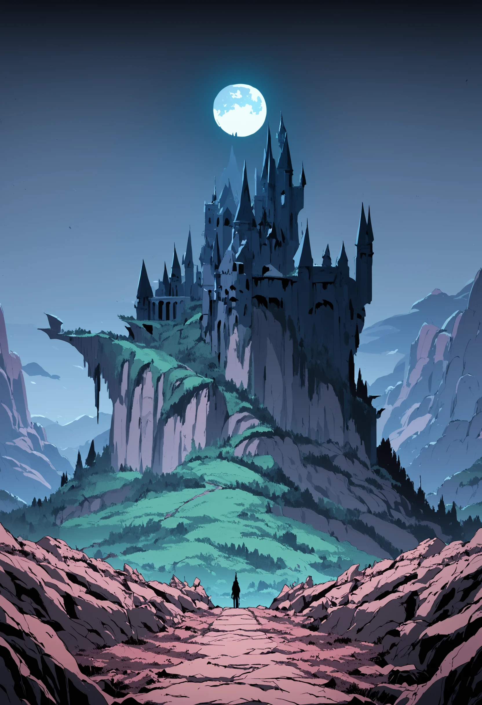 score_9, score_8_up, score_7_up, giant ominous gothic castle, mountain cliff, landscape, masterpiece, melancholy, sad, depressing, at night, dark, [[moon]], stars, stone path leading up to a gothic castle, ominous shadowy figure,
<lora:scav3ngersV4_epoch_2:1.8>