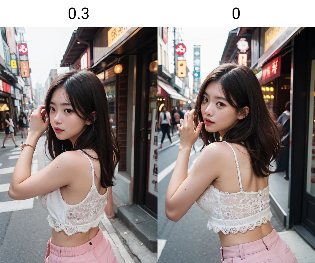 (((masterpiece))), (((best quality))), 8k, highres, upper body, beautiful detailed face, from side, looking back, bent over, 1girl, brown hair, wavy hair, sidelocks, ulzaang, cleavage, asian, cleavage, lace camisole, shorts, walking, storefront, shopping street, vandors, narrow roadside, signboard lights, crowd,<lora:cuteasiangirlstyle:0.3>