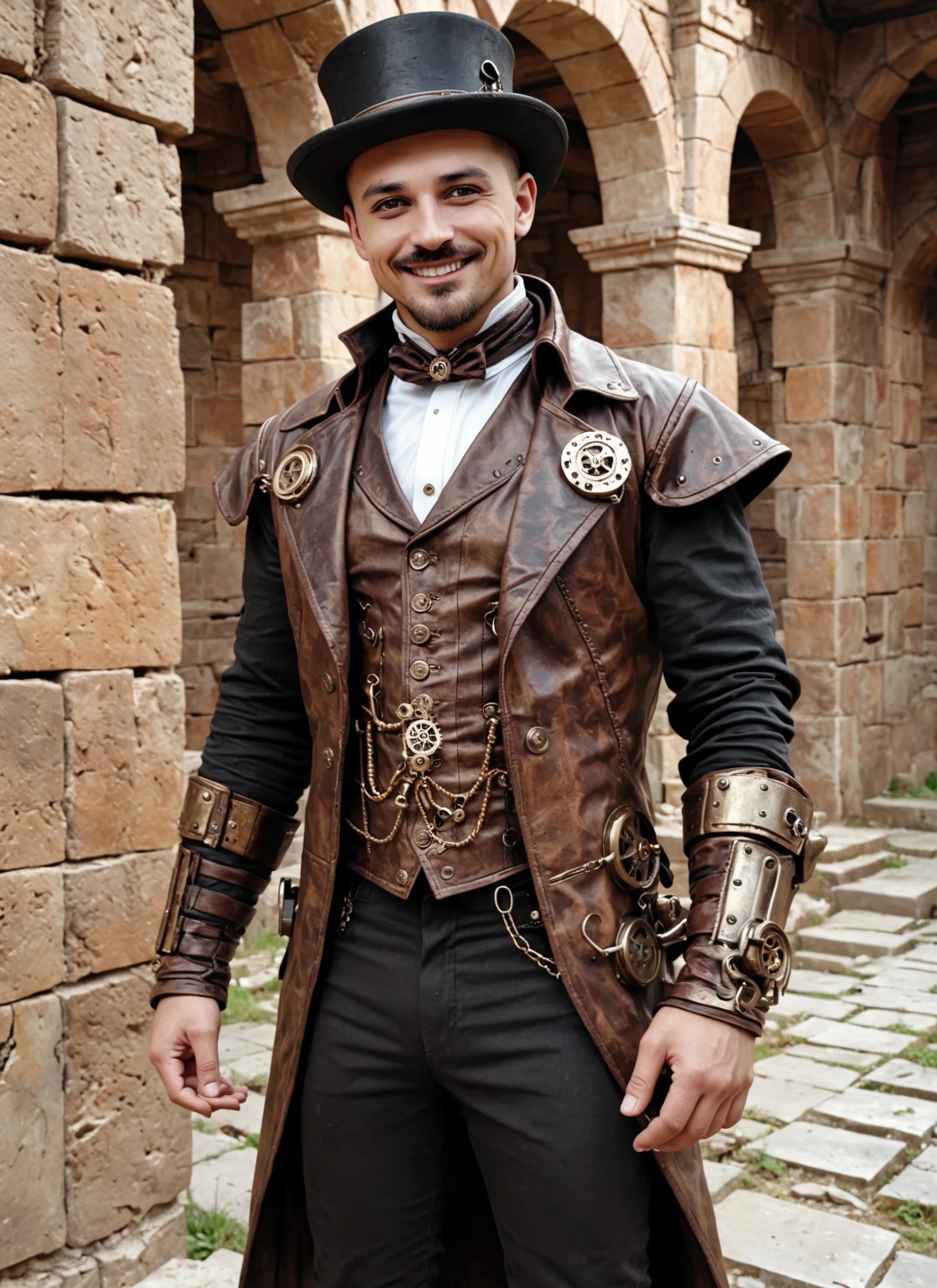 photorealistic 8k raw photo of a man, zdnlz, Steampunk Attire, smile, dynamic pose, perfect sharp eyes, highly detailed skin texture, Ancient Ruins, <lora:DoNLoRa XL - 03:1>