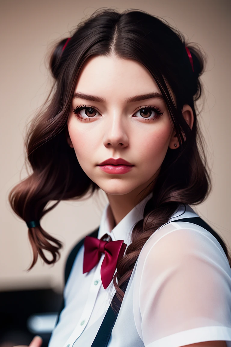 anyataylorjoy-4230, ((detailed skin, detailed face):1.2), ((detailed eyes, beautiful eyes):1.2), ((red lipstick, eyeliner, eye shadow, blush)), ,photo of a woman, RAW, close portrait photo, ((bowtie, shirt, skirt, thighhighs)),((short hair, pigtails):1.1), ((school cafeteria, walking, lunch tray)), slim body, ((detailed skin, detailed face):1.2), ((detailed eyes, beautiful eyes)), 8k uhd, dslr, soft lighting, high quality, film grain, Fujifilm XT3 sharp focus, f 5.6
