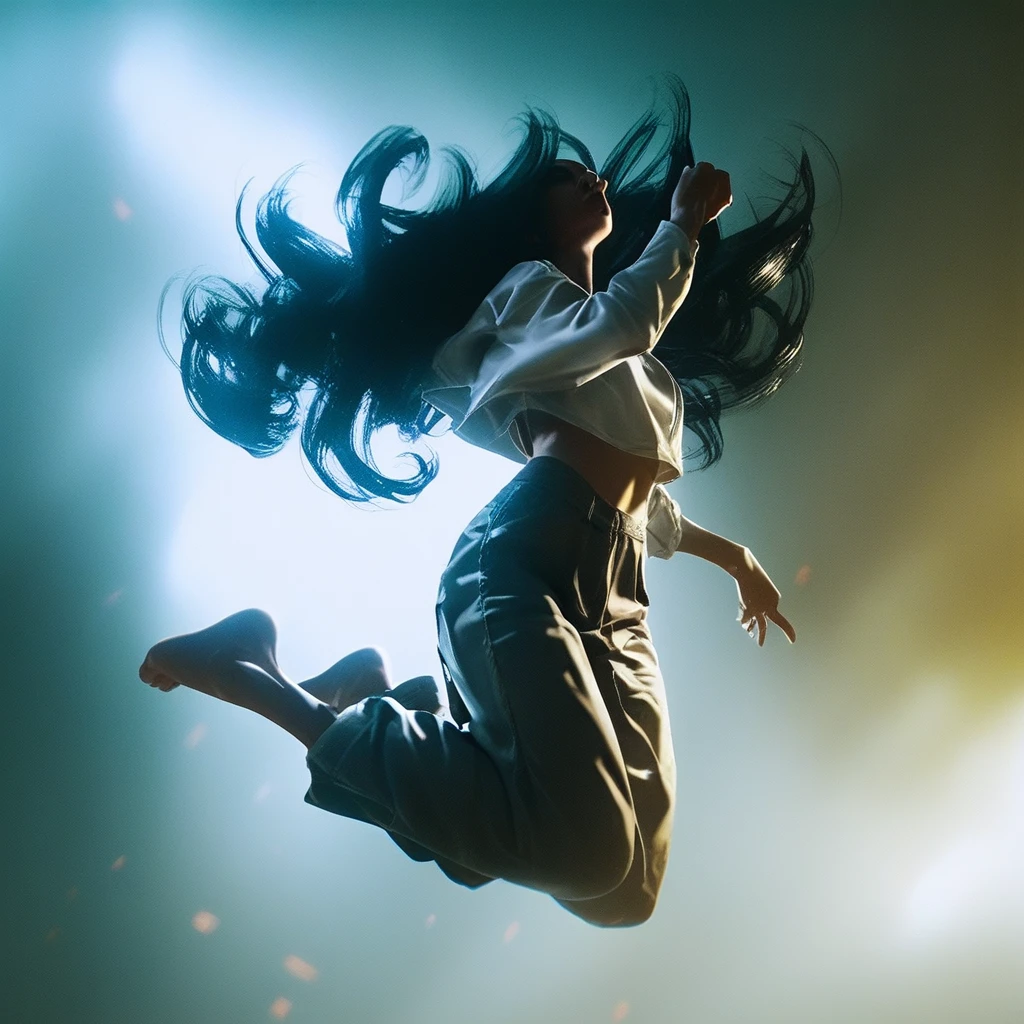 D4NC3RS, a woman with long black hair jumping in the air, arms up, dancing, cinematic angle, cinematic lighting, score_9, score_8_up, score_7_up, score_6_up, score_5_up, score_4_up,