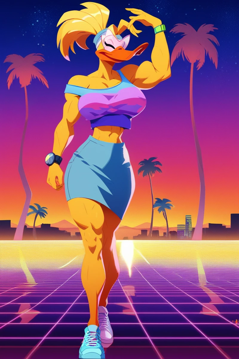 score_9, score_8_up, score_7_up, score_6_up, score_5_up, score_4_up, tanya vanderflock, anthro duck woman, walking, full body, vaporwave, night time, eyes closed, walkman, cityscape, palm trees, miami, off shoulder, turqoise shirt, (muscular:0.5), bare midriff, athletic, happy, glasses, grey skirt, tank top, watch, omnitool, sunset vibes, (lineless:0.5), busty, listening to music <lora:tanya vanderflock:0.9>