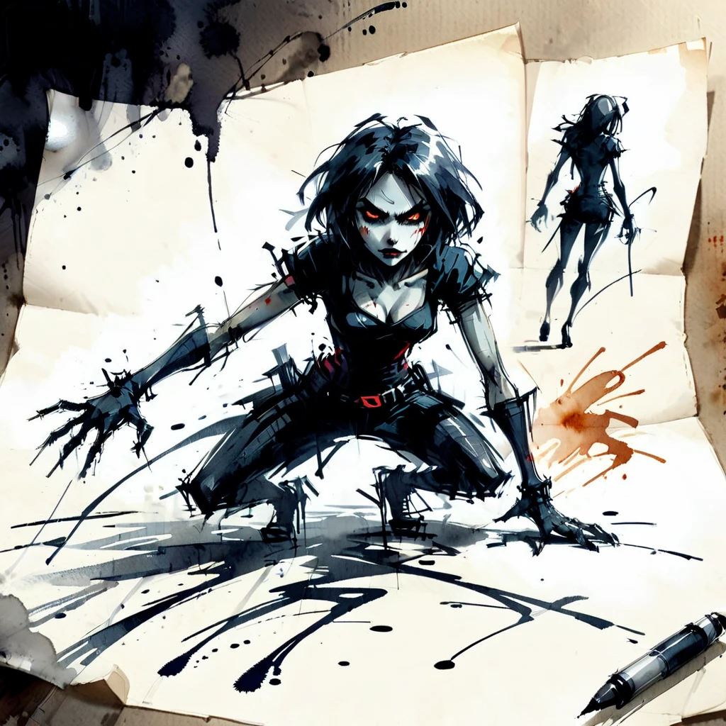 dark fantasy, gritty, scribble, watercolor, subversive, exciting, croquis, xslx, woman crawl out of paper, perfect shadows