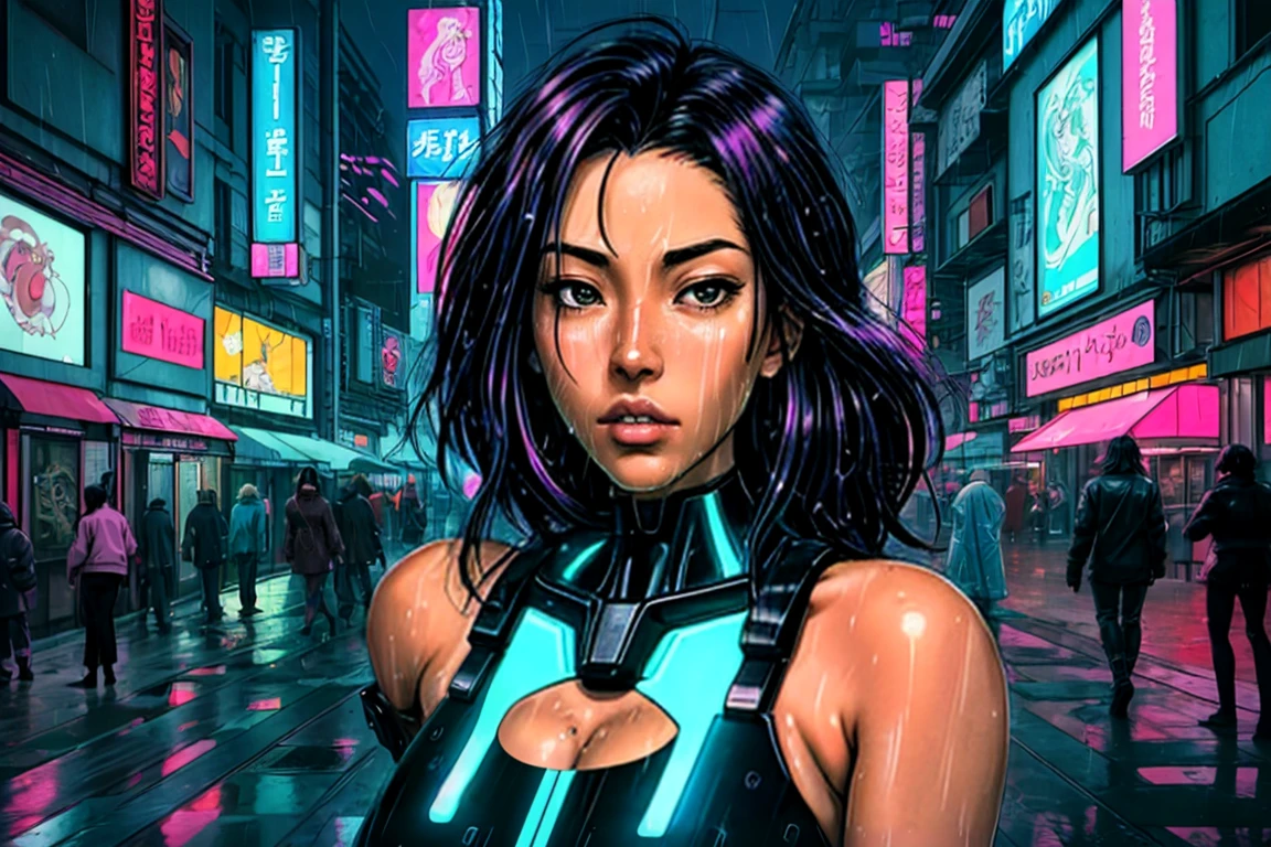 Anime, 1girl, solo focus, close-up shot, head-and-shoulders, woman cyborg, dyed hair, eclectic style, outdoors, rain, art by Naoki Urasawa, street photography, cyberpunk, vaporwave, futuristic city, neon lights <lora:OttoZone_v1:1>