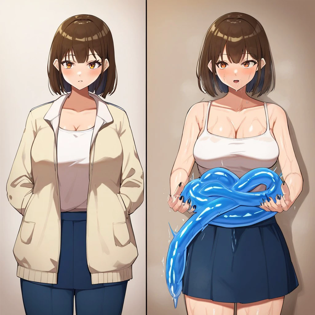 score_7, source_anime, 1girl, solo, after excretion, slime, before and after, transformation,