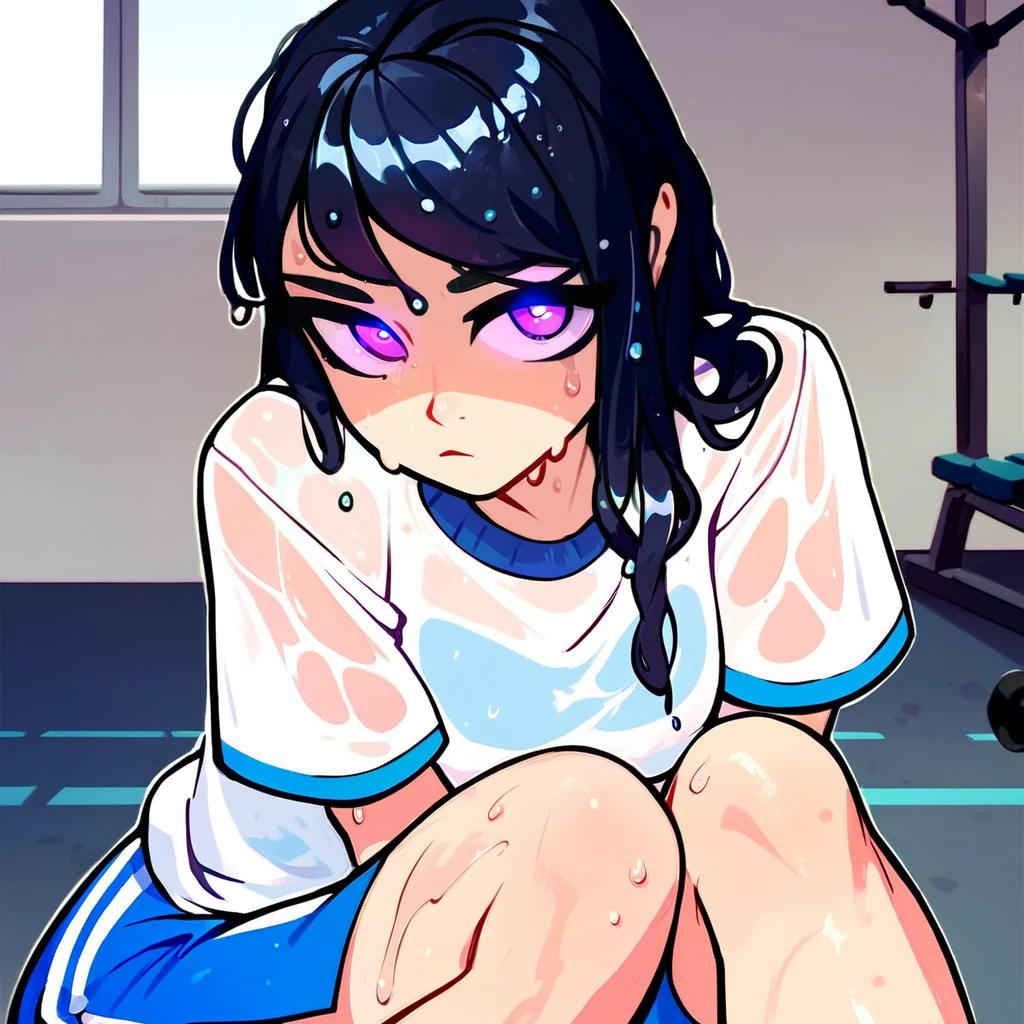 <lora:last:1>,1girl,solo,looking at viewer,expressionless,purple eyes,glowing eyes,black hair, gym shirt, gym shorts, wet, wet clothes, wet hair, sweat, sweatdrop, gym, sitting on gym bench,, score_9, score_8_up, score_7_up, perfect anatomy, source_anime, zPDXL2,