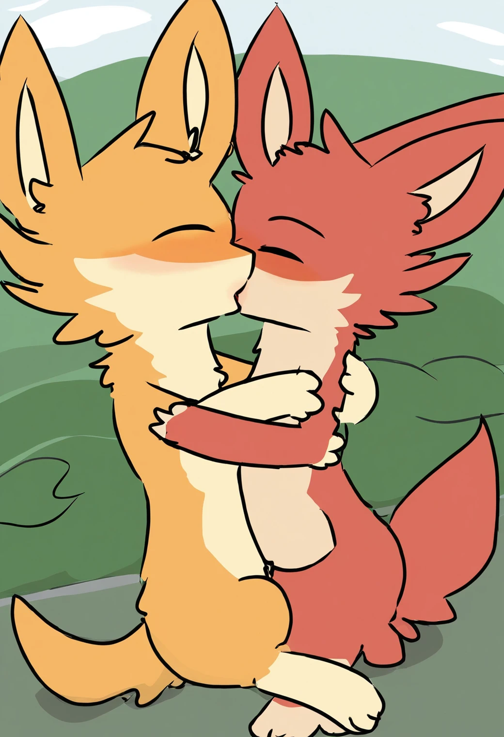 1girl, 1boy, furry, no humans, flat color, outdoors, hug, kiss, couple,
by pink candy,  <lora:Pink_Candy__Style_LoRA_epoch_25:1.1>