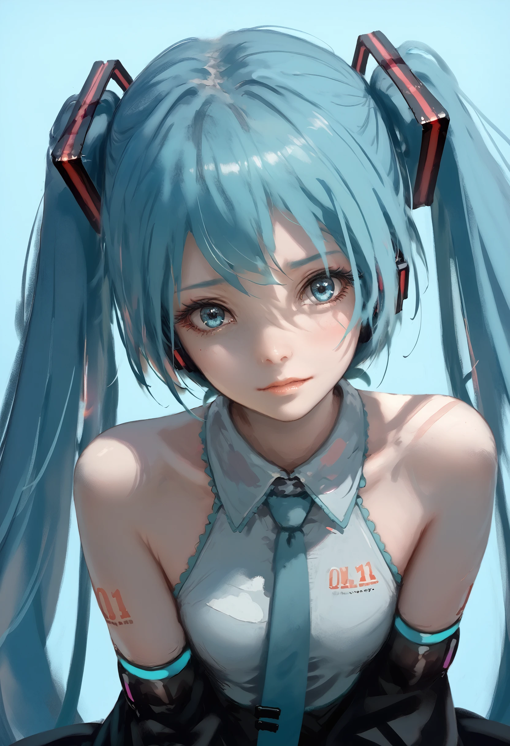 score_9_up, score_8_up, score_7_up, 1girl, hatsune miku, detached sleeves, simple background, head tilt, looking at viewer
<lora:wlop_style_pony_retry_d32:1>