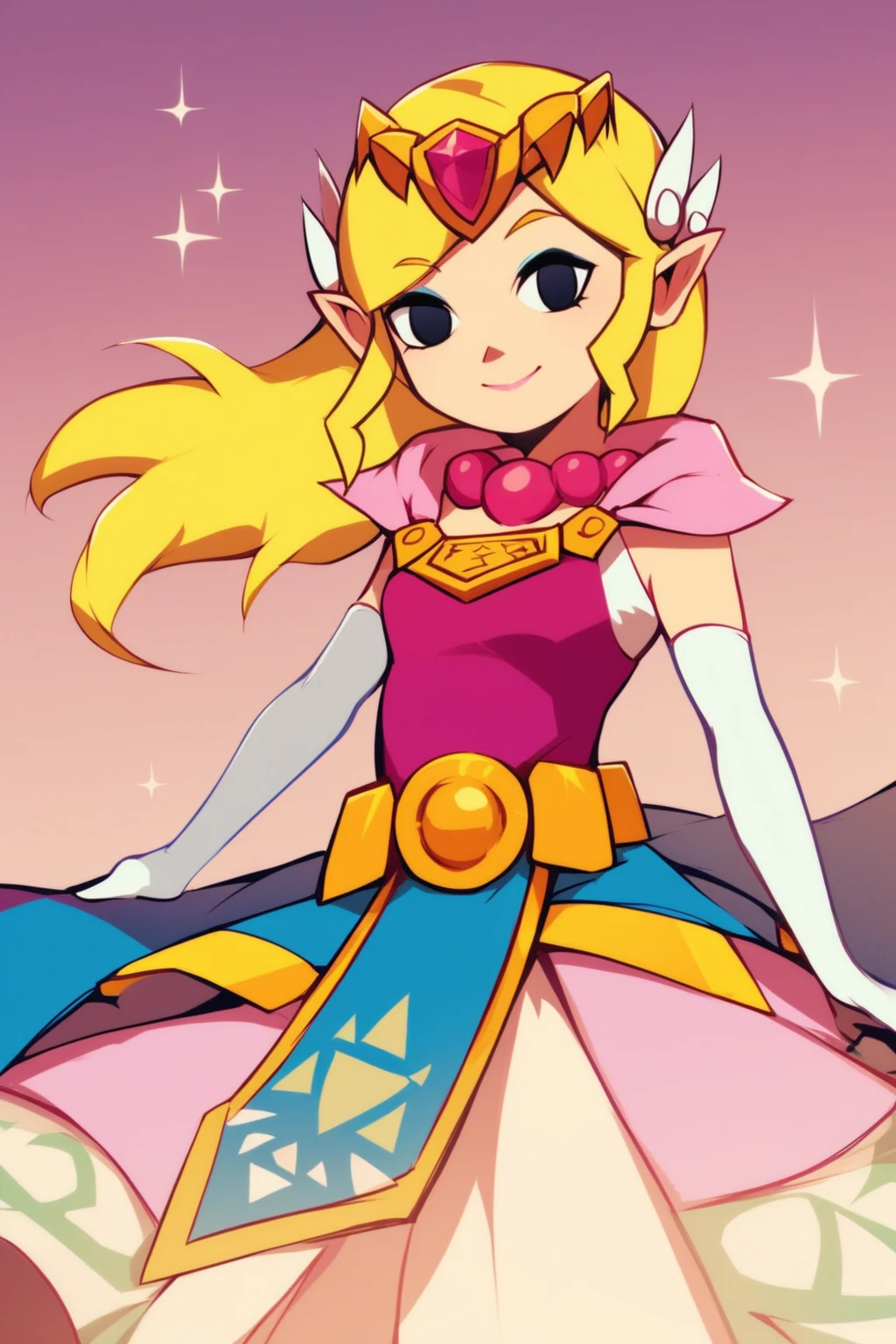 score_9, score_8_up, score_7_up, source_anime, best quality, (masterpiece),(ultra-detailed), (high quality), (high resolution),toon zelda, long hair, blonde hair, pointy ears, makeup, 1girl, solo, smile, gloves, dress, jewelry, elbow gloves, belt, necklace, black eyes, tiara, princess zelda<lora:EMS-304032-EMS:0.000000>, <lora:EMS-416114-EMS:1.000000>