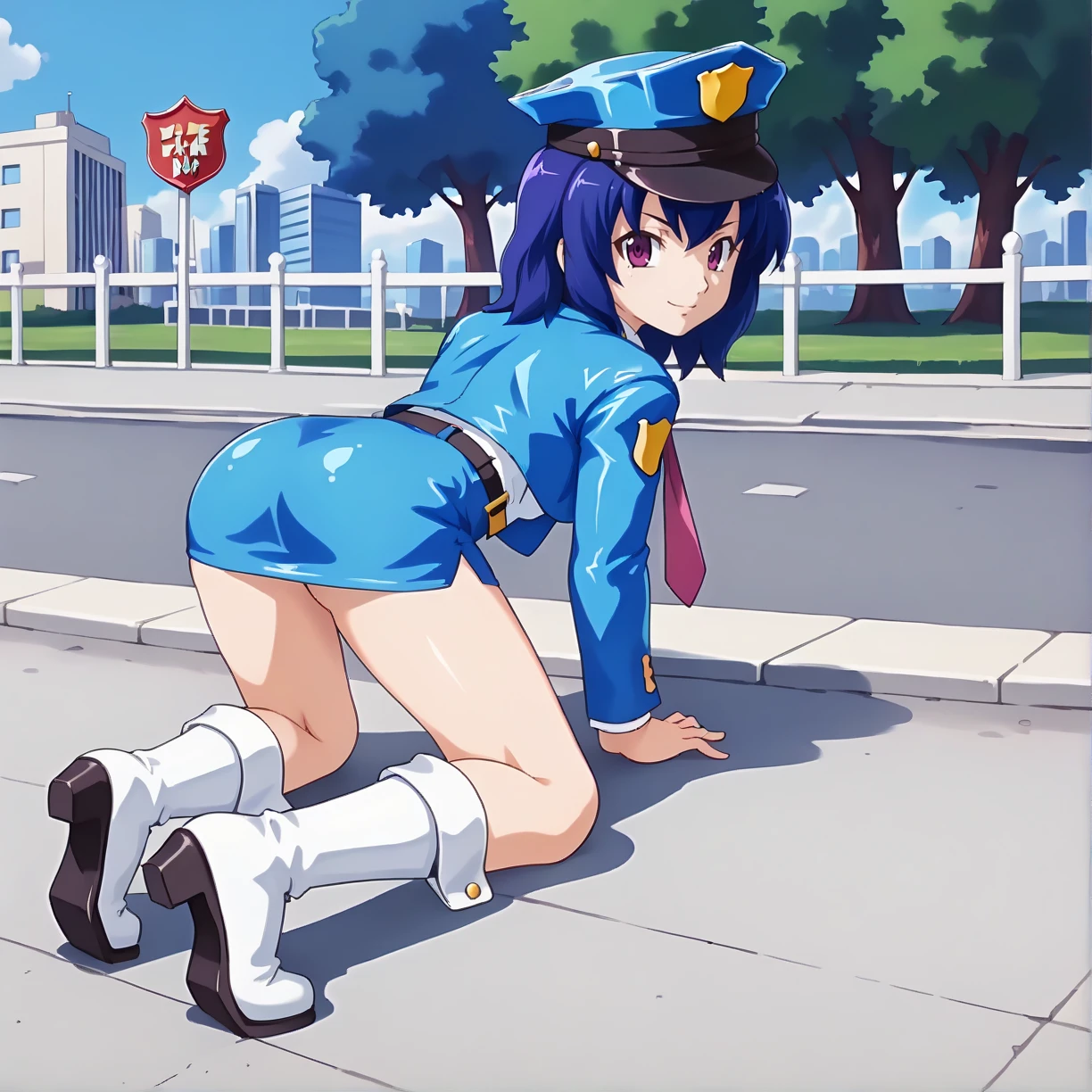 <lora:MSPAoiXLpony001>,
smile,
solo,
MSPAoi,1girl,blue hair,medium hair,red -purple eyes,
police hat,
police_uniform,blue jacket,necktie,
belt,blue skirt,mini skirt,
white boots,
white boots,high_heel_boots,
outdoors,
full body,all fours,looking back,