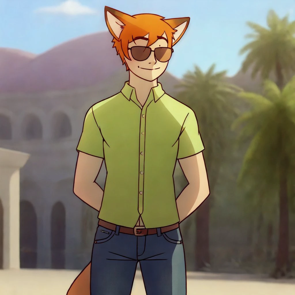 <lora:mikeinel_nick:0.7>
solo, 1boy, masterpiece,
mikeinel_nick, human, humanoid, orange hair, fox ears,
sunglasses, green shirt, jeans,