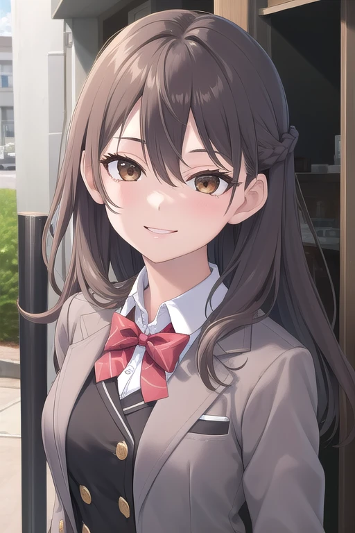 ((masterpiece)),(best quality),official art,extremely delicate and beautiful,extremely detailed CG,unity 8k wallpaper,ultra detailed,beautiful detailed eyes,extremely detailed face,outdoors,1girl,solo,upper body,(portrait:1.5),looking at viewer,facing viewer,smile,Suou Yuki,long hair,black hair,french braid,hair between eyes,parted bangs,brown eyes,school uniform,grey jacket,cropped jacket,open clothes,open jacket,wing collar,red bowtie,black dress,pleated dress,double-breasted,collared shirt,white shirt,medium breasts,skindentation,long sleeves,black socks,loafers,brown footwear,<lora:Suou Yuki(tsrdta)>,