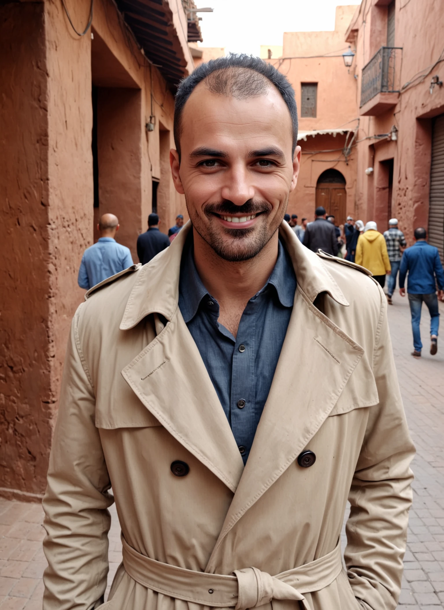 photorealistic 8k raw photo of a man, zdnlz, Classic Detective Trenchcoat, smile, dynamic pose, perfect sharp eyes, highly detailed skin texture, Marketplaces in Marrakech at Noon, <lora:DoNLoRa XL - 03:1>