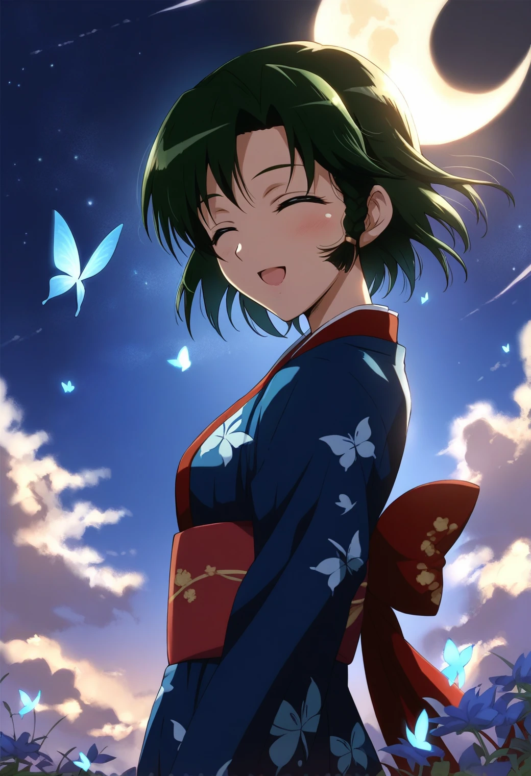 <lora:ichijou_karen_ponyxl_v3:0.8>, ichijou karen, solo, green hair, side braid, looking at viewer, standing, from side, smile, open mouth, closed eyes,
blue kimono, butterfly print, red sash,
night, outdoors, starry sky, blue butterfly, glowing, <lora:lowlight:0.4>, low light, moonlight, crescent moon,
score_9, score_8_up, score_7_up, score_6_up, anime coloring, (hara \(harayutaka\):0.5), (m-da s-tarou, asou \(asabu202\):0.5), high quality, detailed, beautiful, shiny, outstanding, countershading, detailed soft lighting