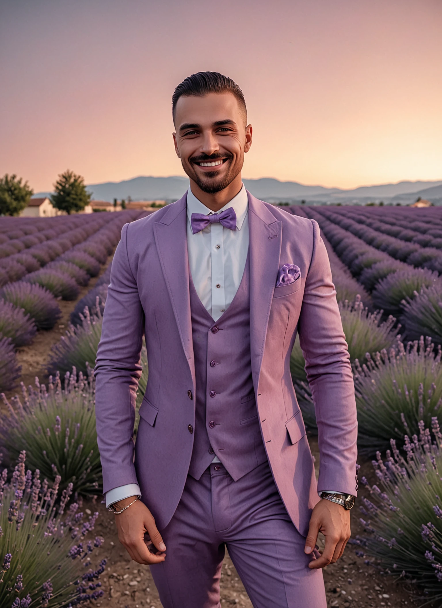 photorealistic 8k raw photo of a man, zdnlz, Dapper Gangster Outfit, smile, dynamic pose, perfect sharp eyes, highly detailed skin texture, Sunset over Lavender Fields, <lora:DoNLoRa XL - 02:1>