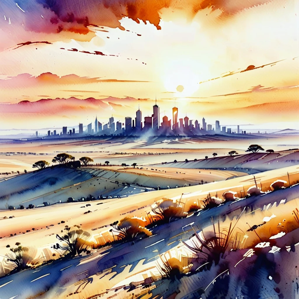 watercolor, vast plains in a sundawn with an exciting skyline in the distant partially hidden by haze