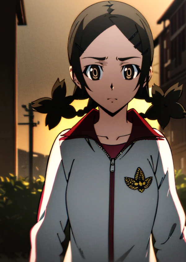 1girl, 18 years old, (looking at viewer), standing
<lora:ka0r1-000007:.75>, black hair, ,(twintails),brown eyes, medium breasts, braid, hairclip, (twin braids),track jacket,
,<lora:animemix_v3_offset:.5>,
(masterpiece:1.3), (best quality:1.2), (high resolution:1.2),cinematic lighting,colorful, high contrast,