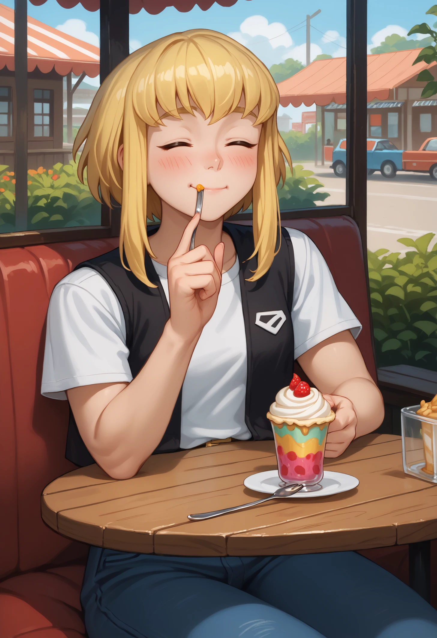 score_9, score_8_up, score_7_up, 1girl, solo, karazoreldef, closed eyes, short hair, blonde hair, medium breasts, toned,
black vest, white t-shirt, belt, denim jeans,
excited, blush, happy, sundae, food, closed mouth, foodgasm, holding spoon, crumbs on mouth, finger to cheek,
outdoors, restaurant, booth seating, sitting, table,
<lora:Kara-Zor-ElPDXL_V1-Manityro-CAME:1.0>,