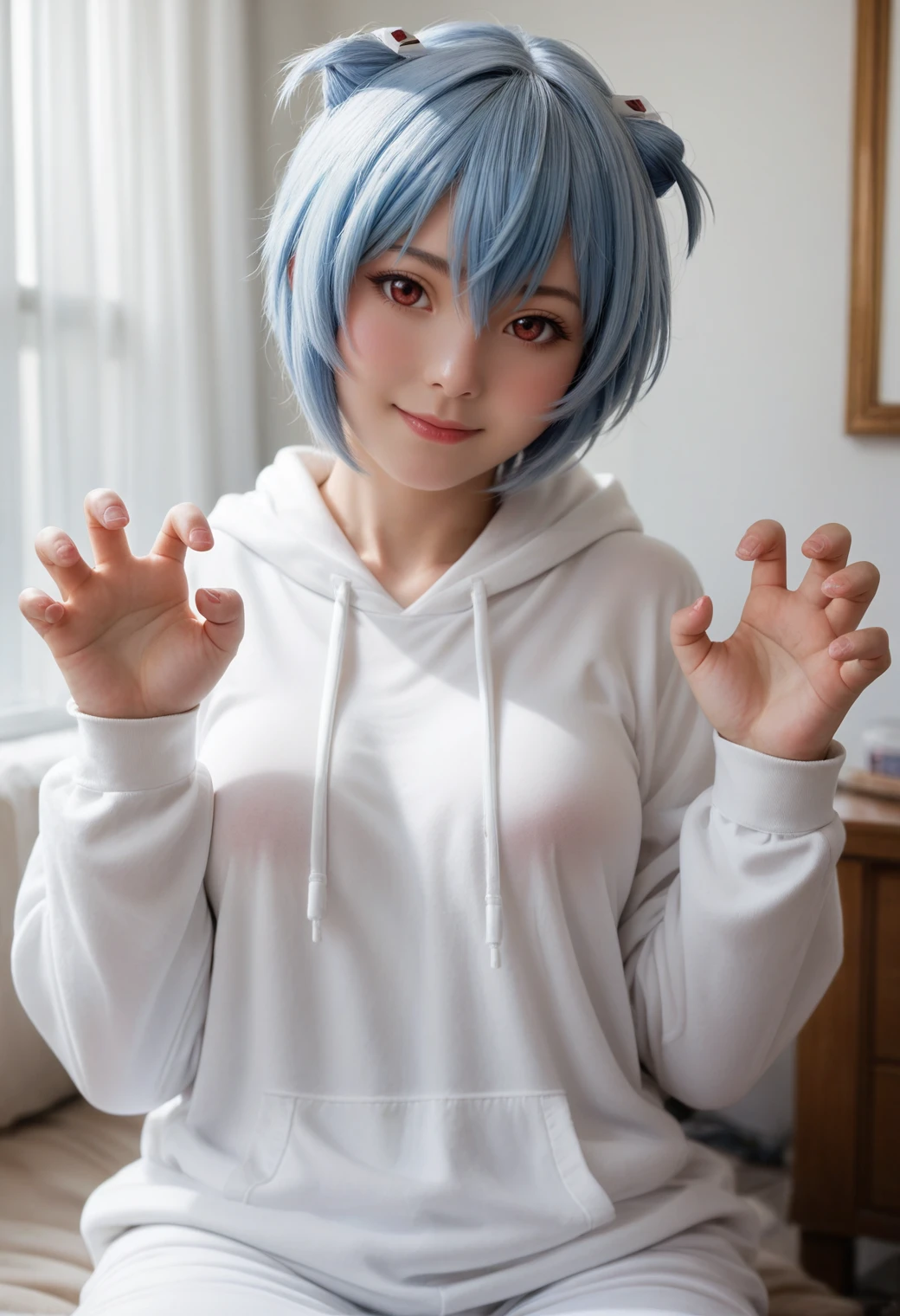 realistic, photo \(medium\), score_9, score_8_up, score_7_up, score_6_up, BREAK
1girl, ayanami rei, red eyes, blue hair, blush, solo, medium breasts,
hairpods, white hoodie, long sleeves,
claw pose, looking at viewer, smile,