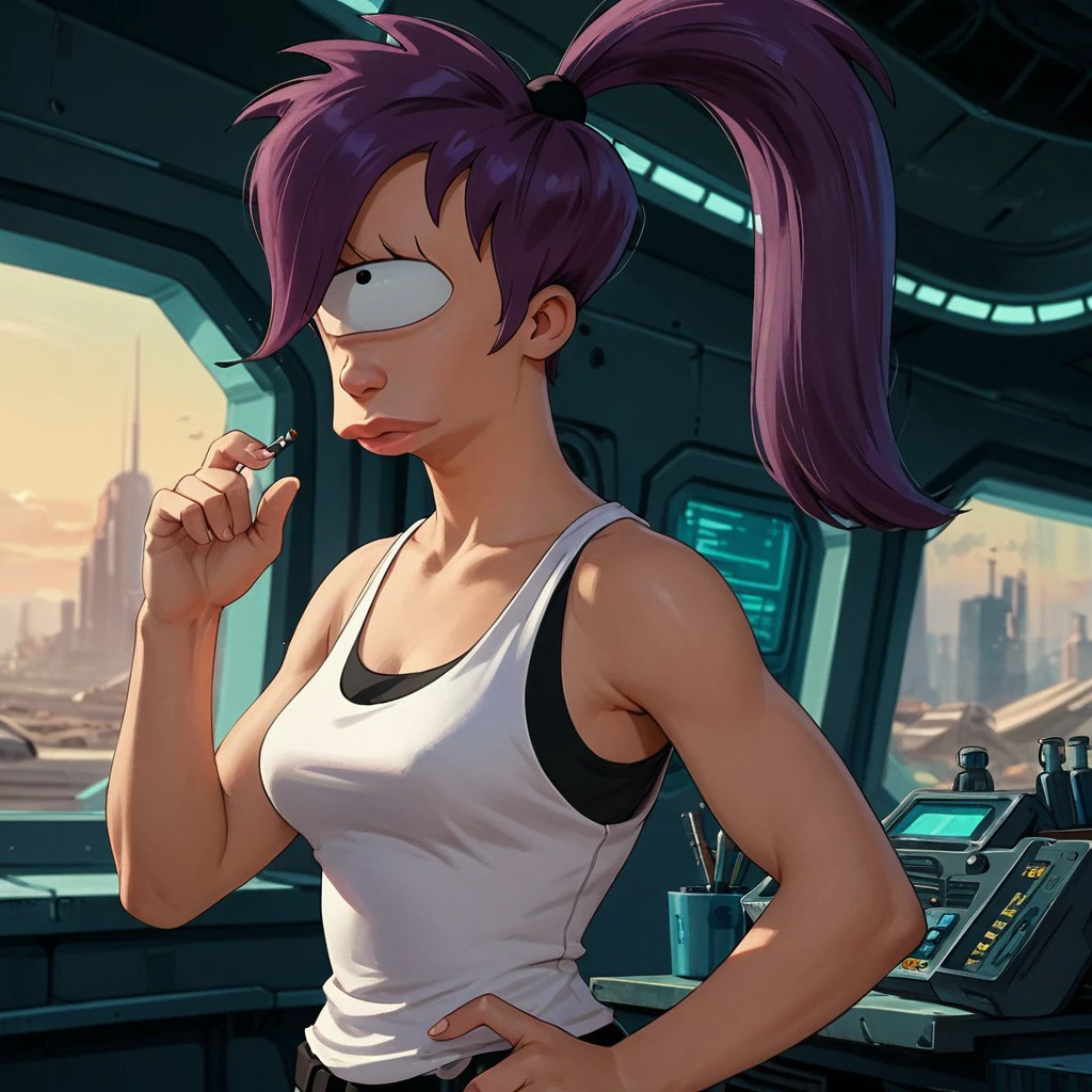 score_9, score_8_up, score_7_up, score_6_up, score_5_up, score_4_up, Leelafut, in a spaceship, tank top, cyclops , purple hair, ponytail