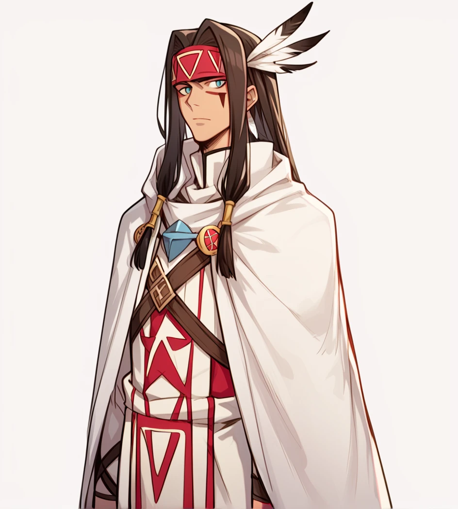 score_9, score_8_up, score_7_up, source_anime, rating_questionable, 1man, solo, simple bg, 

silva_sk, simple background, white background, standing, upper body, headband, facial mark, feathers, white cloak, feather hair ornament, native american