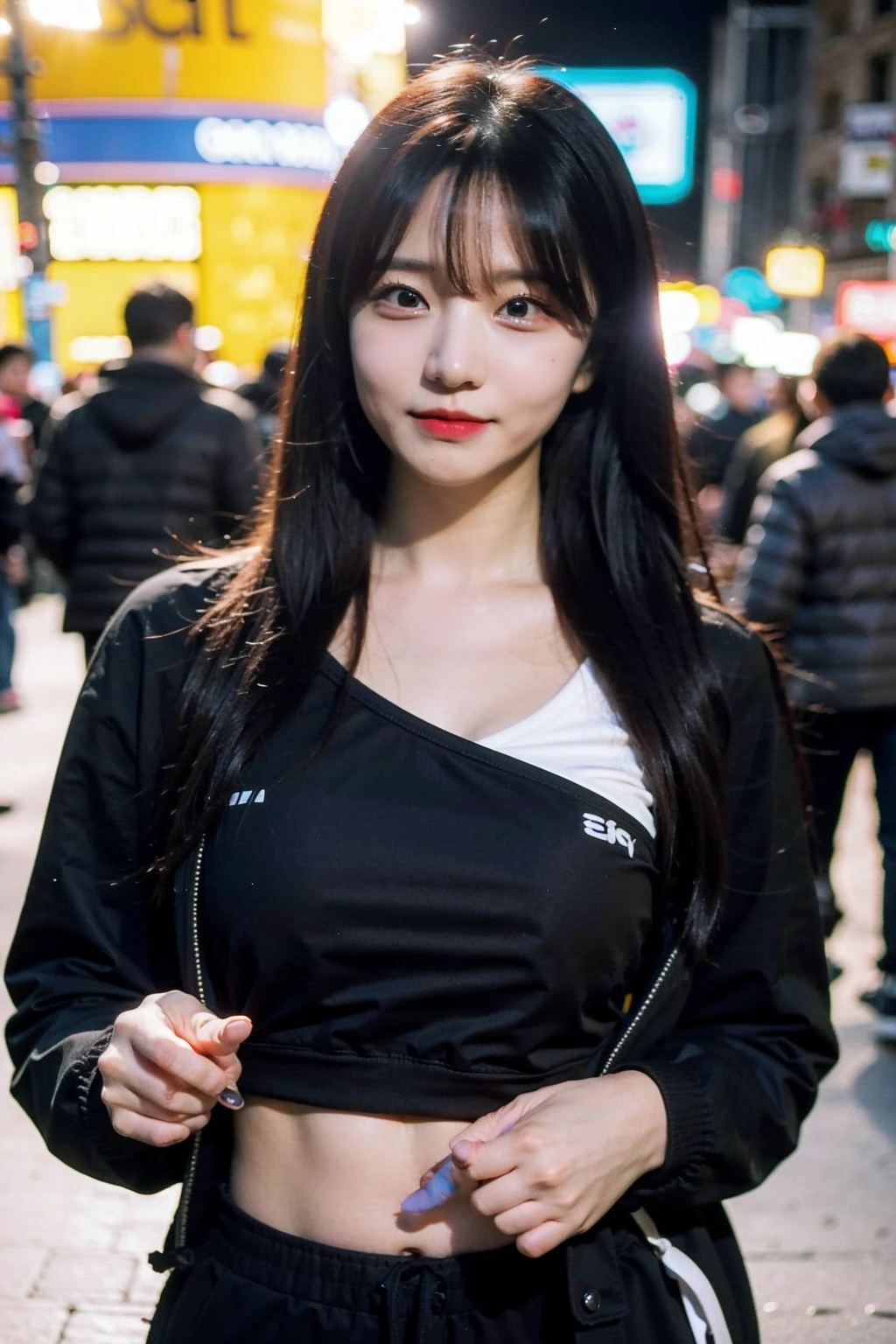 Best quality, masterpiece, ultra high res, (photorealistic), raw photo,1girl, skinny, upper body,solo, realistic, looking at viewer, long hair, bokeh background, city streets, winter morning, jogging clothes,  <lora:makina69_parkminjung_v2.0:1>