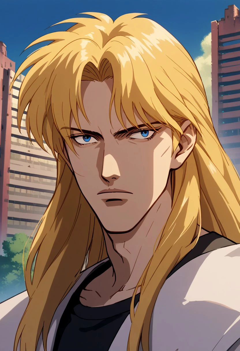 Rusty Nail MV,  solo,  long hair,  blue eyes,  blonde hair,  1boy,  male focus,  parody,  building,  portrait,  , outdoors,  1990s (style), source_anime, 2d, flat color, anime coloring BREAK ,score_9, score_8_up, score_7_up, score_6_up, score_5_up, score_4_up,