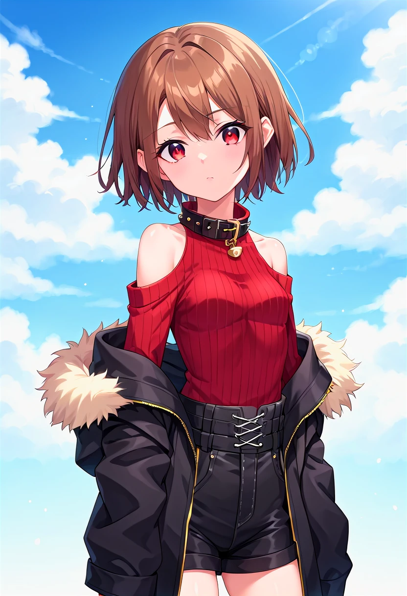 score_9, score_8_up, score_7_up, source_anime,
charaSF, 1girl, solo, short hair, brown hair, red eyes, collar, black jacket, off shoulder, fur trim, red sweater, ribbed sweater, turtleneck, shoulder cutout, long sleeves, black shorts, portrait, outdoors,
best_quality, masterpiece, anime style
